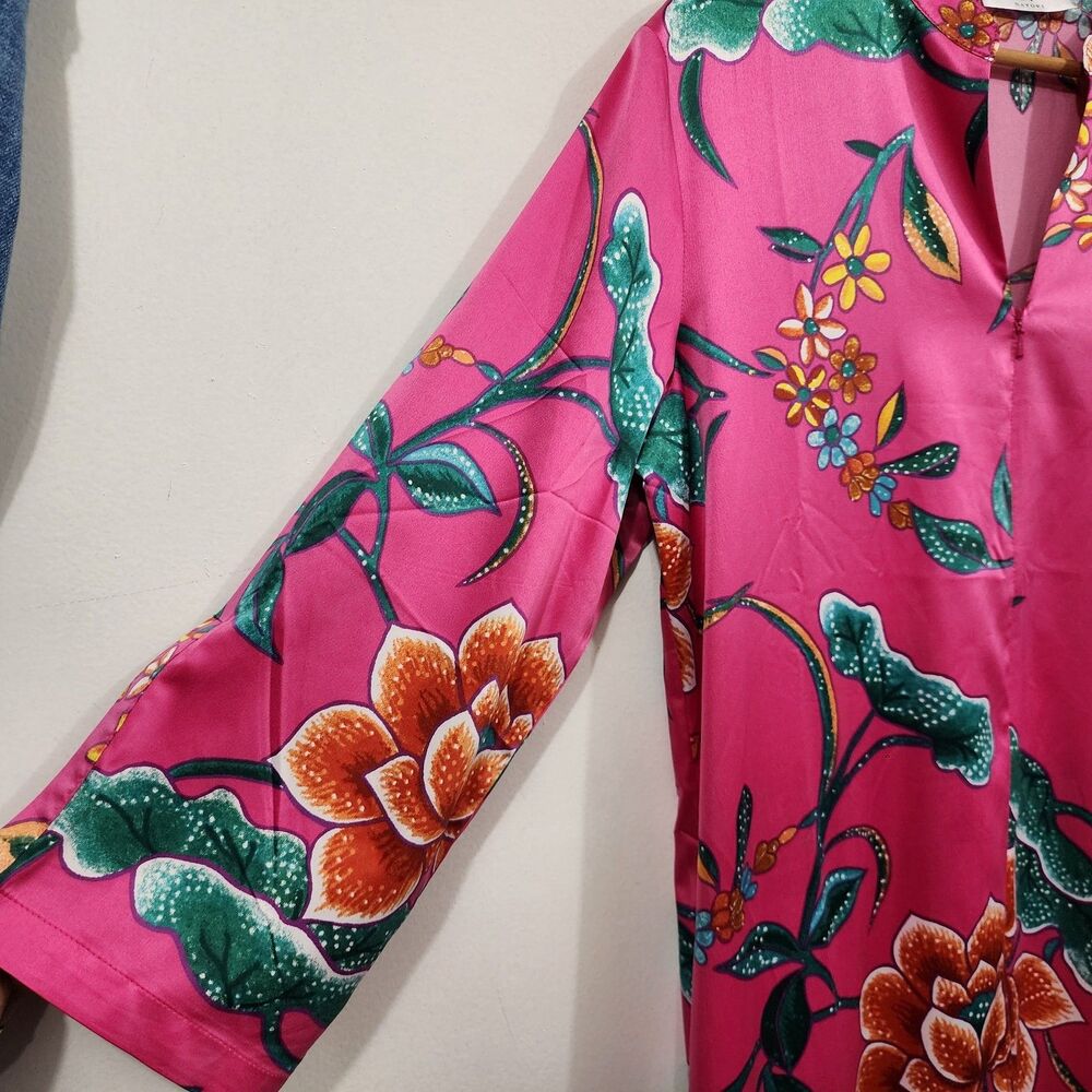Natori Hot Pink Satin Floral Caftan Mandarin neckline Womens S Resort Lounge - Picture 7 of 11